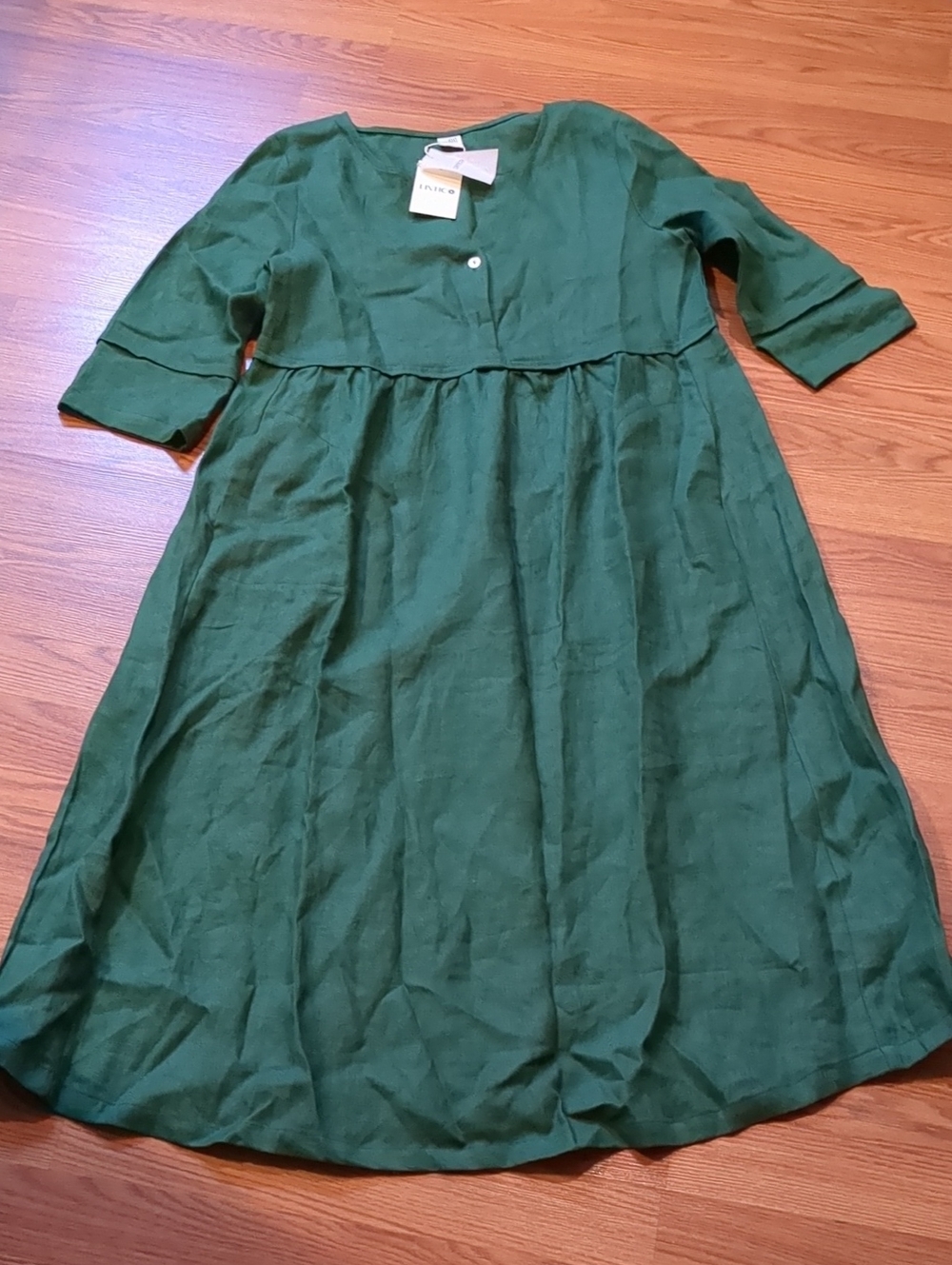 NWT Lintico Emerald Green 100% Linen 3/4 Sleeve Empire Maxi Dress Size M